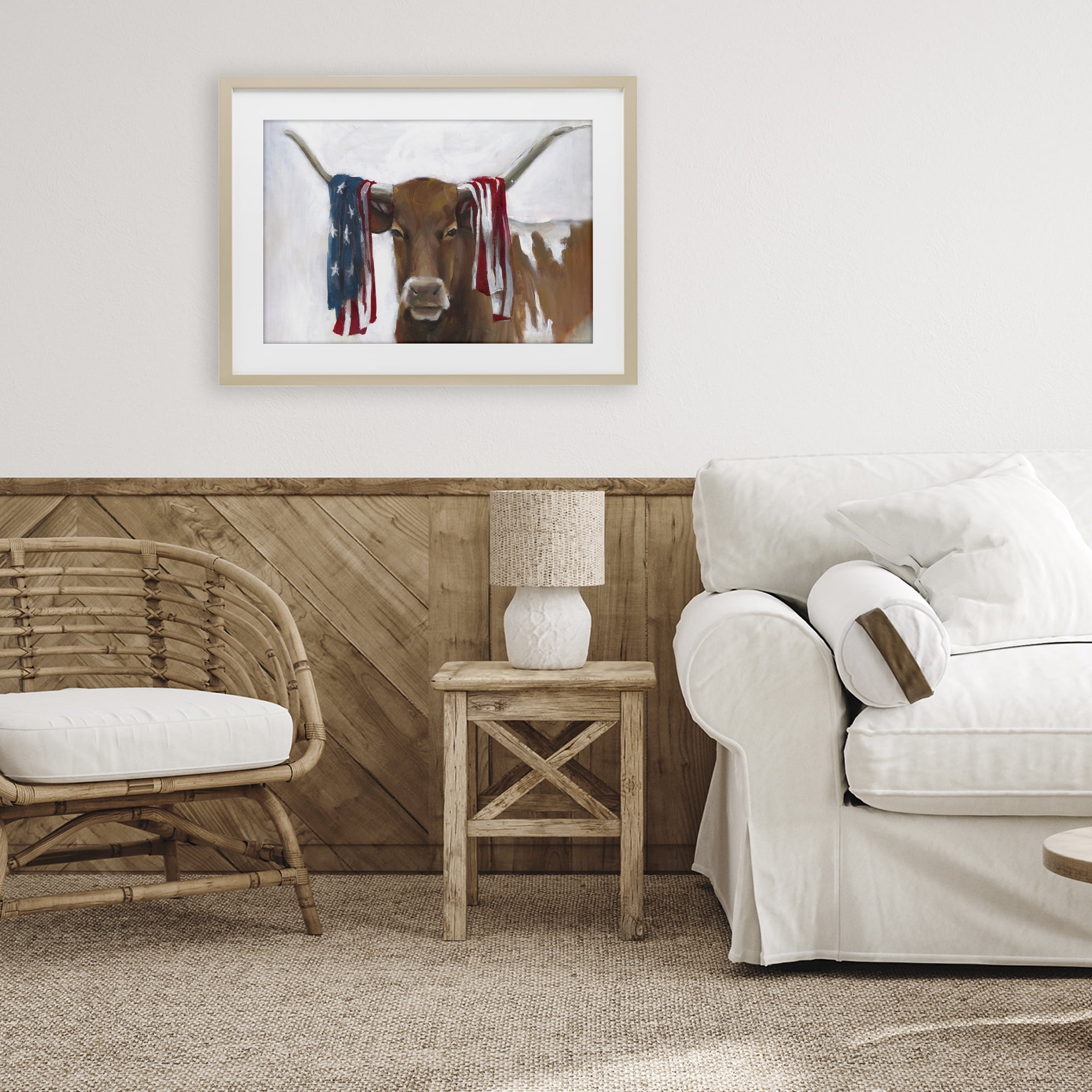 Stupell Industries Patriotic Longhorn with Flag Birch Framed Print Under Glass, design by White Ladder
