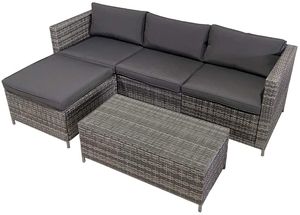 Brushed Mixed Gray Wicker Outdoor 5 Piece Furniture Set Patio Sectional Rattan Sofa Sets All Weather PE Wicker Couch Conversation Set with Table White Cushions