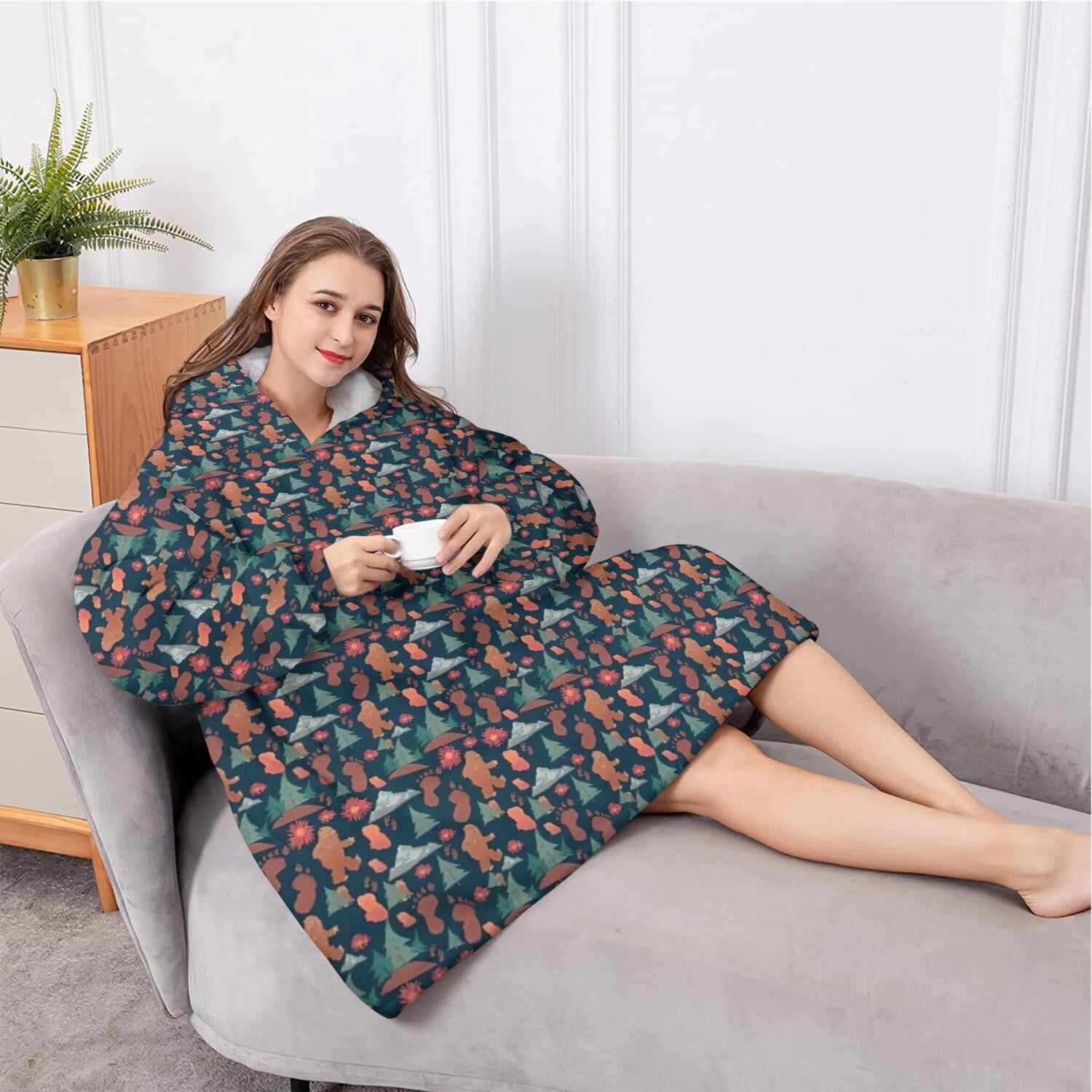Oversized Wearable Blanket Hoodie,Dark Blue Bigfoot and Tree Pattern Sherpa Blanket Hoodie with Super Pockets,Super Warm Fuzzy Pullover for Women & Men