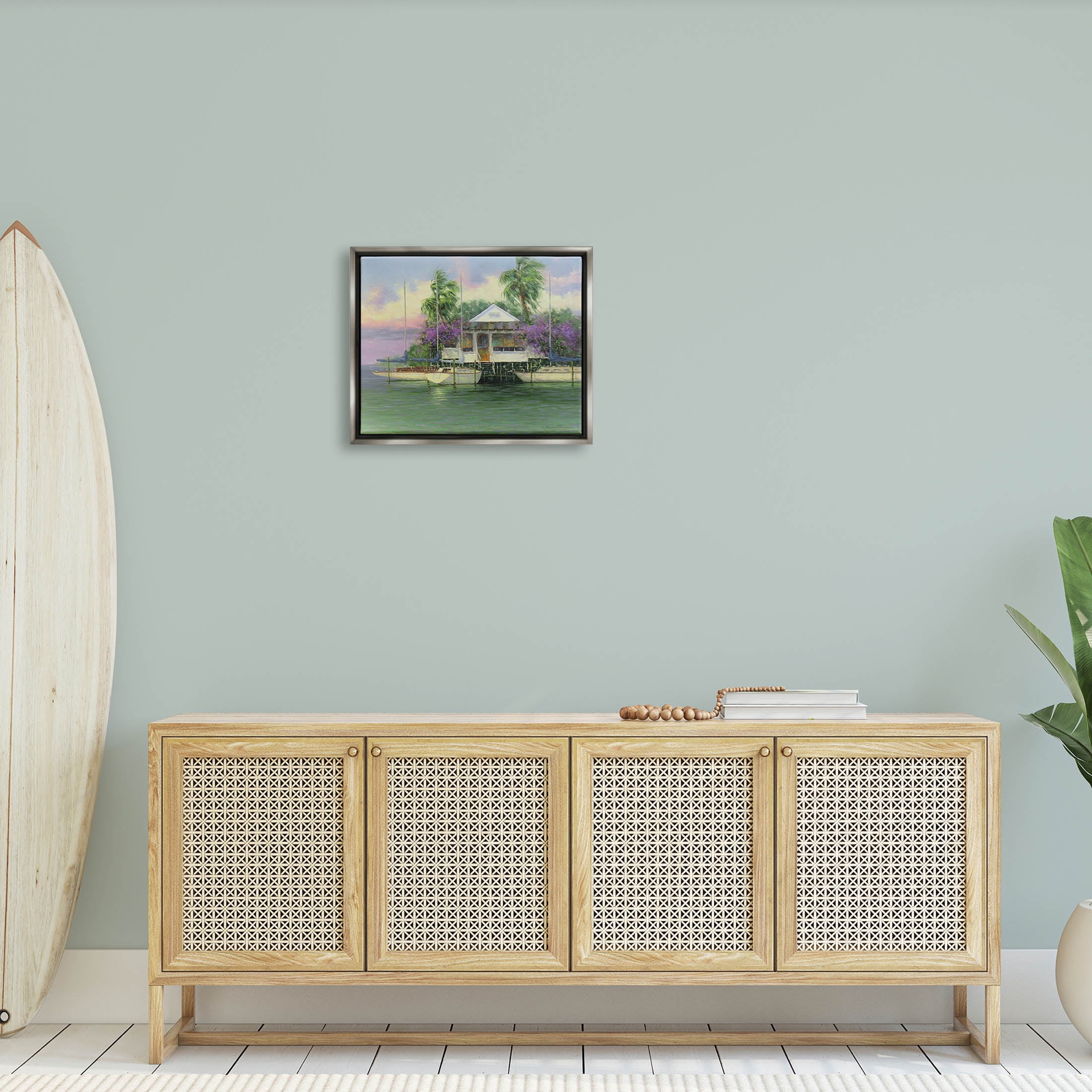 Coastal Boat Dock Tropical Palms Landscape Painting Luster Gray Framed Art Print Wall Art