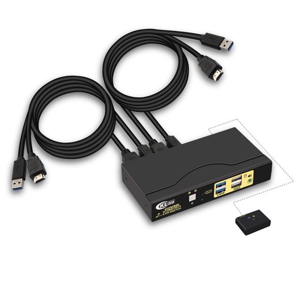 CKLau 4K@60Hz 2 Port KVM Switch HDMI Monitor Switch with Audio, All Input Cables and 2 pcs USB 3.0 Hub, Computer Switch for 2 Computers Sharing Keyboard Mouse Monitor Support HDMI 2.0, EDID