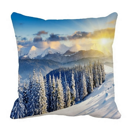 PHFZK Nature Scenery Pillow Case, Majestic Sunset in the Winter Mountains Forest Landscape Pillowcase Throw Pillow Cushion Cover Two Sides Size 20x20 inches