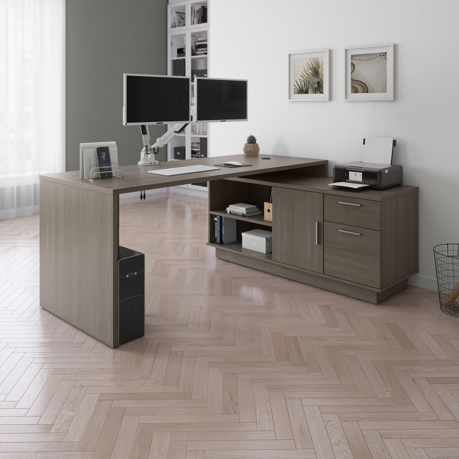 Bestar Equinox 72W L-Shaped Desk with Monitor Arms in bark grey & white