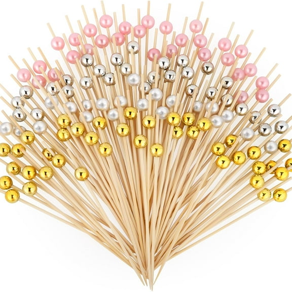 200 Cocktail Picks, Decorative Pearl Fancy Toothpicks for Appetizers, 4.7 IN Long Bamboo Skewers Wood Garnish Sticks for Food Drink Fruit Party Charcuterie Boards Accessories (Gold/White/Pink/Silver)
