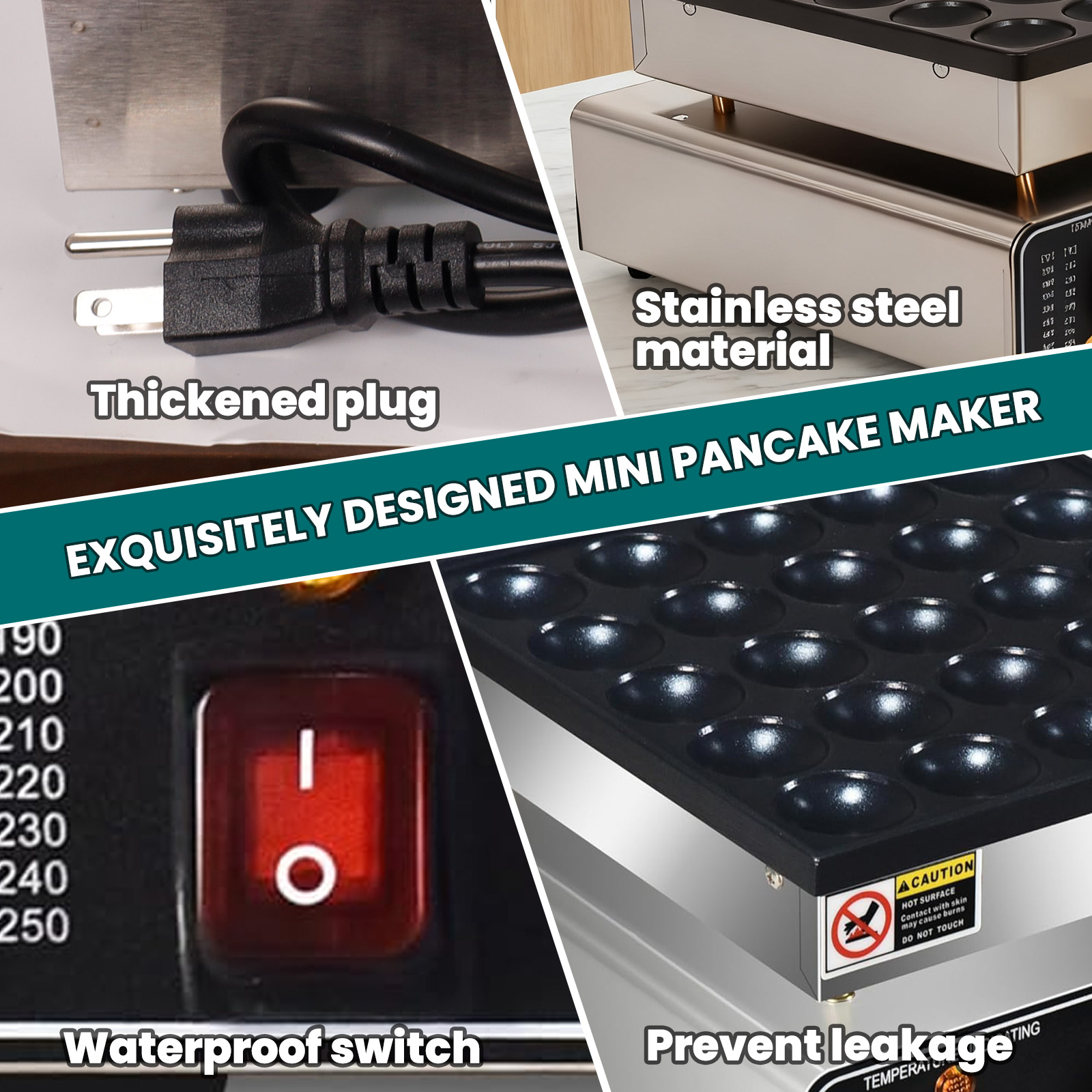 25PCS Mini Dutch Pancake Maker,Stainless Steel Muffin Waffle Maker 110V 950W, Electric Hotcakes Machine with Waterproof Design for Breakfast & Café