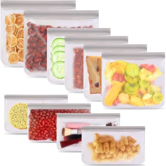 10-pack reusable silicone self-sealing bags, leak-proof reusable freezer bags, BPA-free, reusable food storage bags