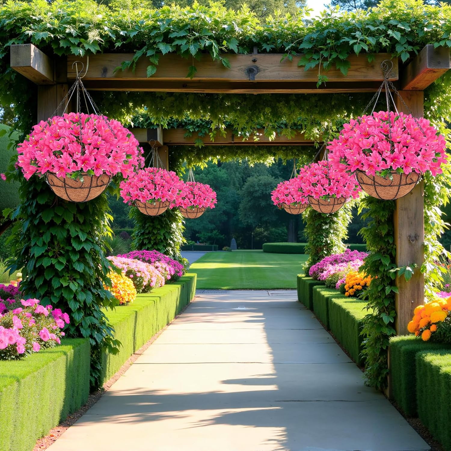 Artificial Fake Hanging Flowers Plants Baskets for Outdoor Spring Summer Decoration, Faux Silk Morning Glory in Planter UV Resistant Realistic for Porch Outside Patio Balcony Garden Yard