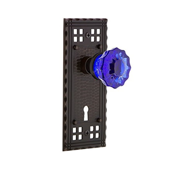 Nostalgic Warehouse Craftsman Plate with Keyhole Crystal Cobalt Glass Door Knob , Privacy 2.75", Timeless Bronze