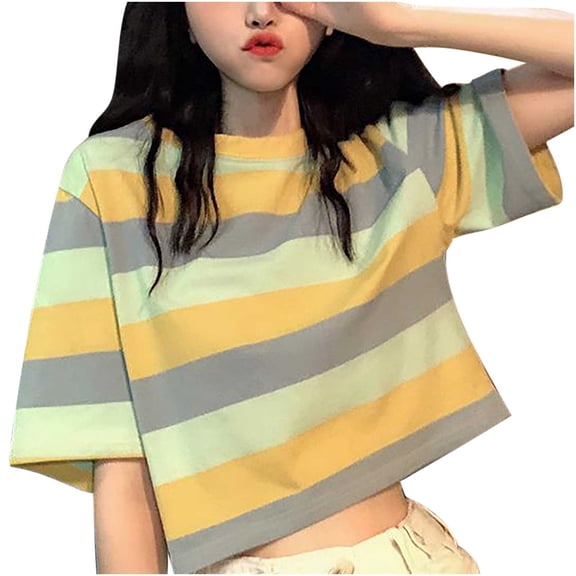 Women's Round Neck Crop Tops 2026 Summer Stripe Short Sleeve Loose Tee Fashion Casual Basic Tops,XL