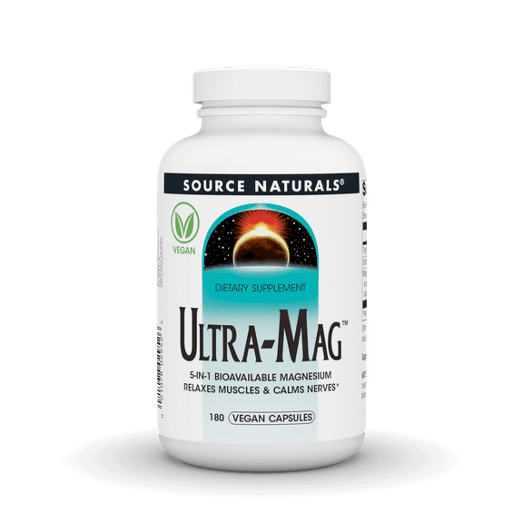 Source Naturals Ultra-Mag, Vegan Dietary Supplement, 5-in1 Bioavailable Magnesium, Relaxes Muscles & Calms Nerves*, 180 Vegan Capsules