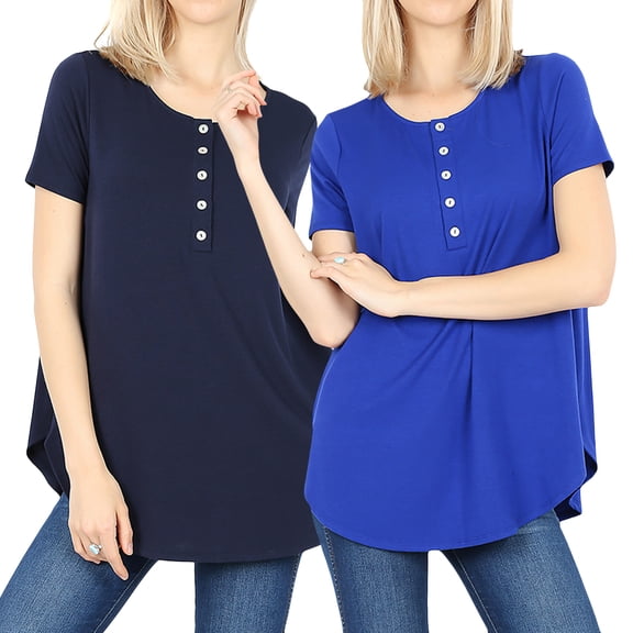 Women & Plus Short Sleeve Dolphin Hem Relaxed Fit Henley Tee Shirt Top