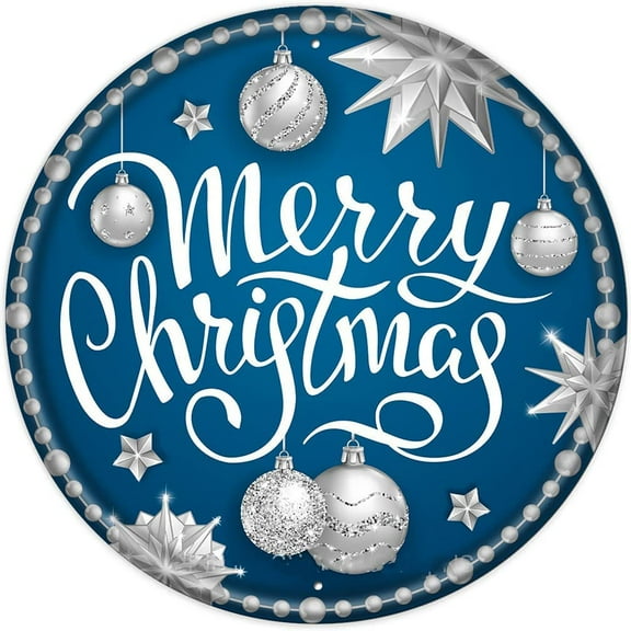 Round Wooden Hanging Front Door Decor Sign Christmas Wreath Sign Merry Christmas Blue and Silver Ornament Door Hanging Wall Decoration Bar Home Round 12X12 Inches
