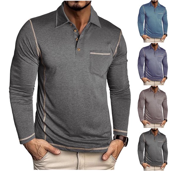 Visit the JURANMO Store Polos Coupe Régulière pour Hommes à Boutons, Col à Revers, Manches Longues, Chemise de Golf Décontractée, Confortable, Unie, T-Shirt d'Automne, Hauts, Café, m