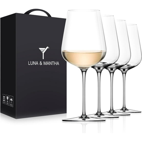 LUNA & MANTHA White Wine Glasses Set of 4, Crystal Wine Glasses 14oz Hand Blown- Modern Wine Glasses with Stem, Perfect for Red & White- Gift Packaging for Daily Use, Wedding Anniversary or Birthday