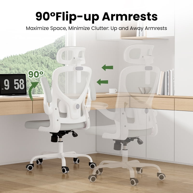 Ergonomic Office Chair, Home Office Desk Chair with Headrest, High Back Computer Chair with Armrests and Adjustable Lumbar Support for Home Office Study Room, White & Khaki