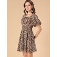 thumbnail image 4 of Unique Bargains Robe Courte à Manches Bouffantes et Taille Smockée à Col Carré Imprimé Floral pour Femmes Noir m, 4 of 6