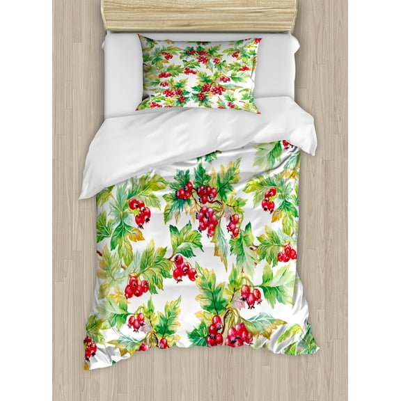 Rowan Duvet Cover Set, Watercolor Style Branches with Rowan Berries Winter Christmas Concept, Decorative 2 Piece Bedding Set with 1 Pillow Shams, Twin Size, Scarlet Mustard Green, by Ambesonne