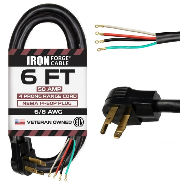 Iron Forge Cable 4 Prong Black Range Power Cord 6 ft - 50 Amp RV Extension Cord - Heavy Duty 6/8 AWG - NEMA 14-50P Flat Plug 4 Wire Dryer & EV Cord
