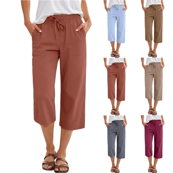 Women's Casual Wide Leg Capri Pants Elastic Waist Drawstring Lightweight Cropped Trousers with Pockets Vermilion M