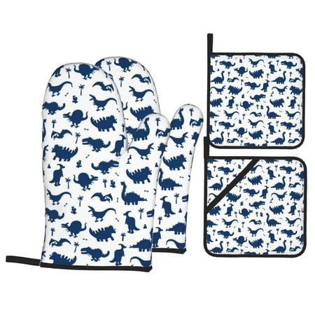 

Oven Mitts and Pot Holders Sets 4 pcs - Cute Cartoon Dinosaurs Heat Resistant Silicone Oven Gloves with Non-Slip Silicone Surface and hot pads for kitchen Baking Cooking BBQ