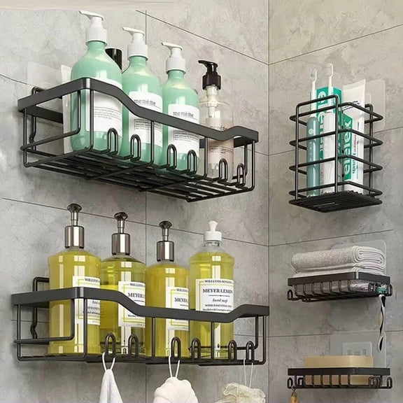 Adhesive Wall-Mounted No Drilling Rustproof 5-Shelf Steel for Large Capacity Storage Shower Caddy Organizer, Matte Black