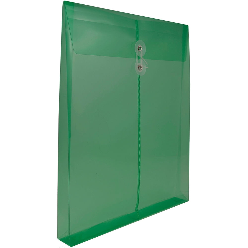 JAM Paper Plastic Envelopes, 9.8x11.8, Green, Button String, Letter Open End, 12/Pack