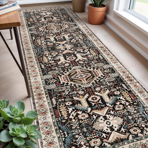 Washable Kitchen Runner Rug - 3x8 Hallway Rug Distressed Mats Non-Slip Soft Room Floor Carpet for Dining Room (Black,3x8)