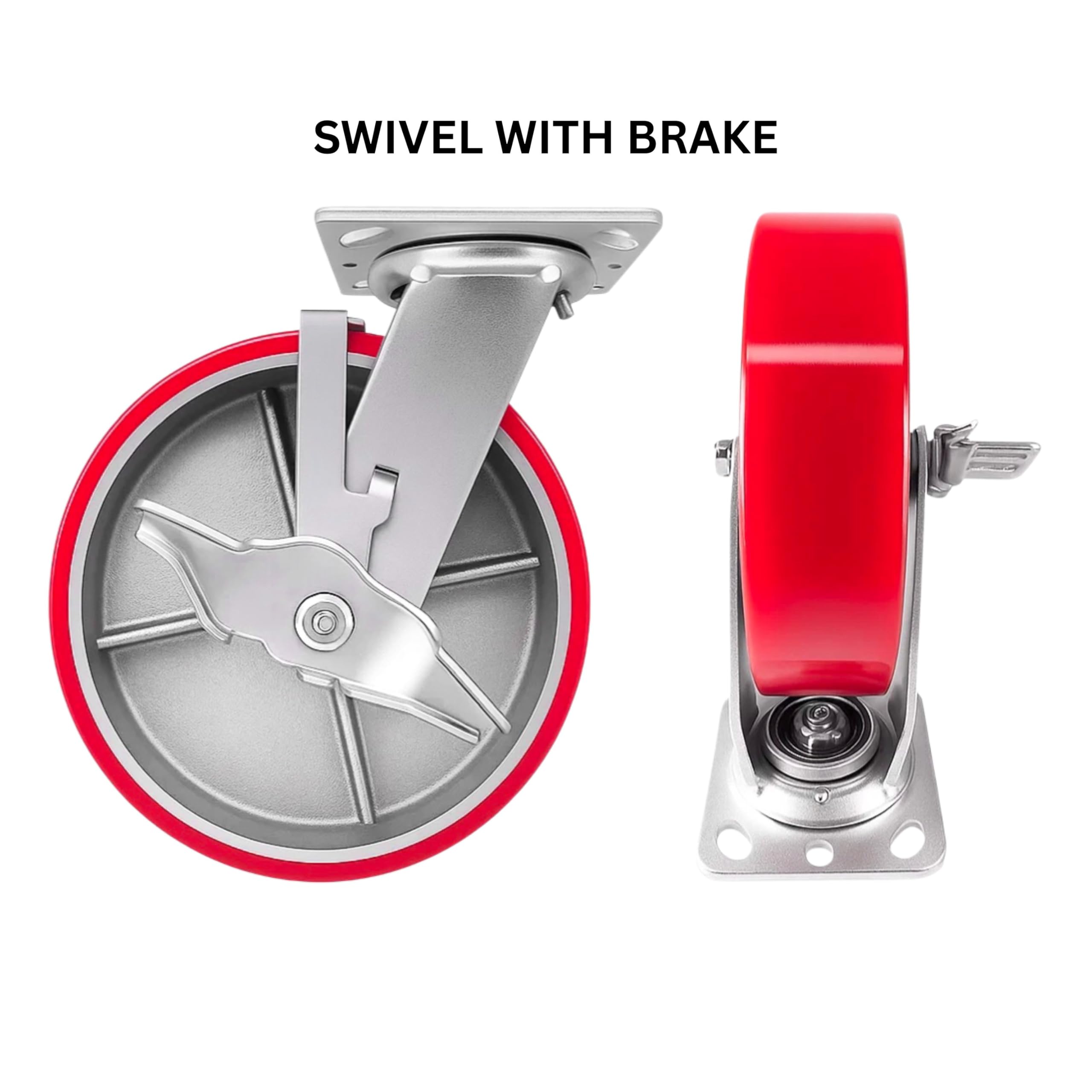 4 Heavy Duty Caster Set 8" Red Polyurethane on Cast Iron Wheels - 4 Swivel with Brake