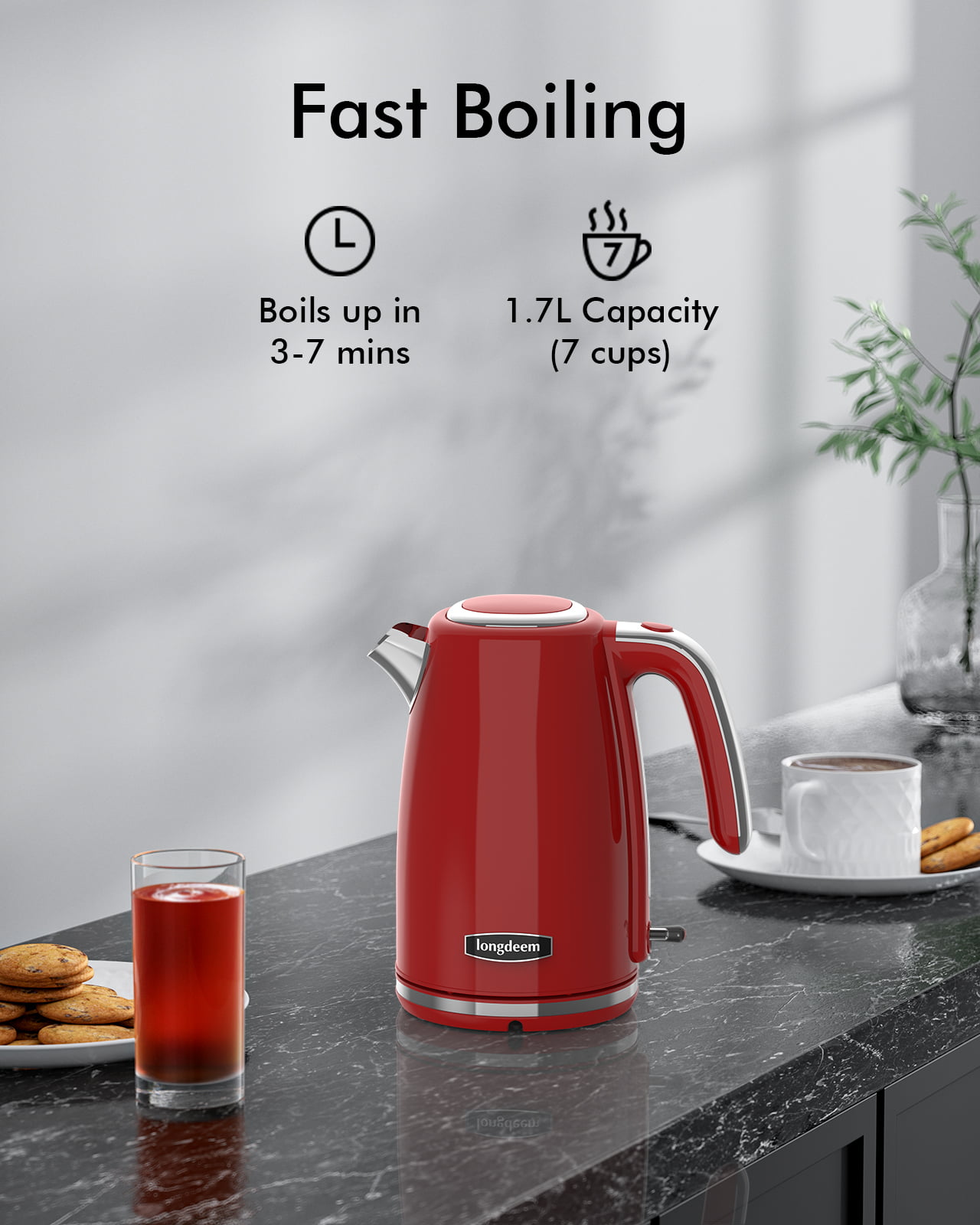Galanz Retro Electric Kettle with Heat Resistant Handle and Cordless Pour,  Quick Hot Water Boil, Boil-Dry Protection, Automatic Shut-Off, 1.7 L, Red