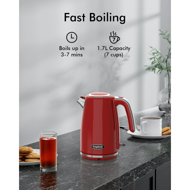 Electric Tea Kettles 1500W for Boiling Water, Longdeem Retro 1.7L Stainless Steel Hot Water Boiler with Automatic Shut Off & Boil-Dry Protection, BPA