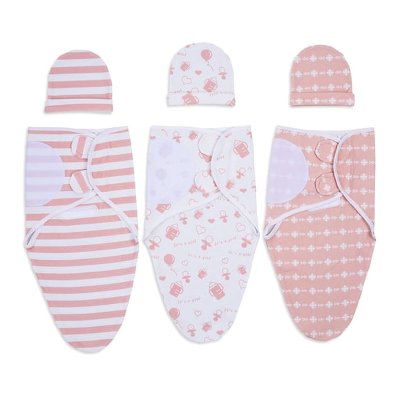 3 Pack Baby Girl Cotton Swaddle Wrap with Matching Hats, Soft Breathable Adjustable Newborn Anti Startle Swaddling Blanket for 0-3 Months Infant