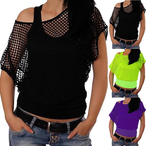 Women's Loose Fit Round Neck Off Shoulder Short Sleeve Mesh Hollow Out Top Blouse Cute Trendy Party Outfits Date Night Club Dance Wear | CSEONE,Black L