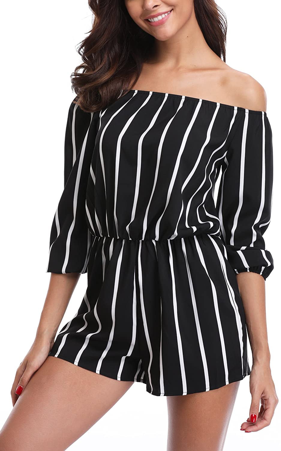 MISS MOLY Rompers for Women Strapless Off The Shoulder Long Sleeve Short Jumpsuits with Belt 