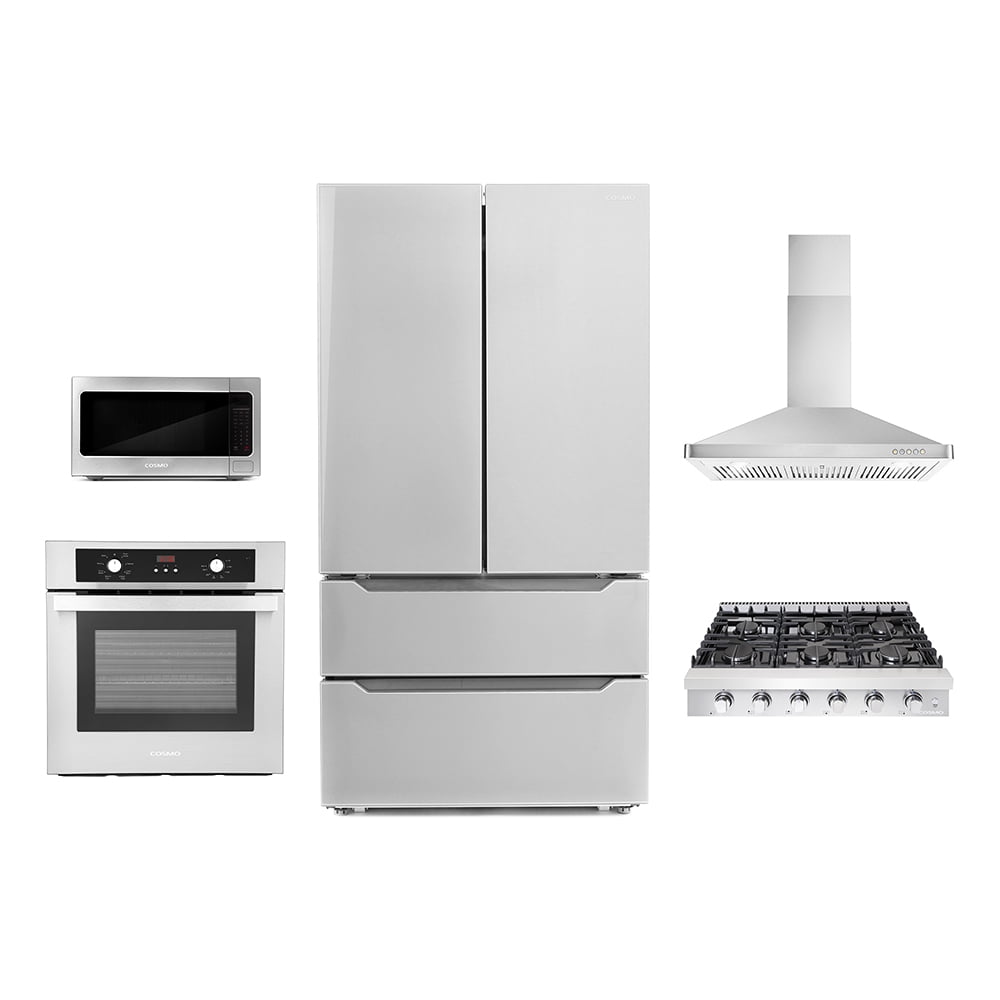 Cosmo 5 Piece Kitchen Package With 36" Slide-In Gas Cooktop 24" Single Electric Wall Oven 24.4" Countertop Microwave French Door Refrigerator & 24" Built-in Fully Integrated Dishwasher