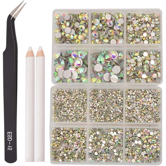 8000pcs Premium Glass Rhinestones Kit, 10 Sizes Crystal AB Mix with 2 Tools, Non Hotfix Flatback Gems for Nail Art, Clothing, DIY Crafts All Year Round
