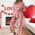 thumbnail image 2 of vigerkar Holiday Cute Bow Pajamas Women Silk Satin Pink Heart Print Pjs 2 Piece Long Sleeve Shirt Matching Lounge Pants Set (Light Pink, XL), 2 of 6