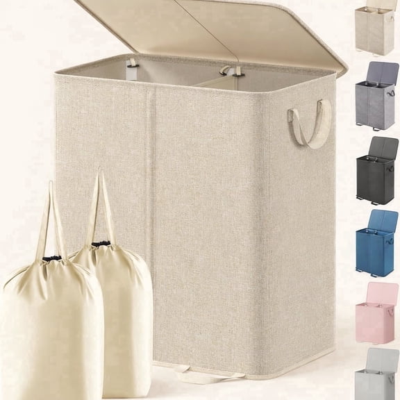 Norcho Double Laundry Hamper with Lid and Removable Bags, Large Collapsible 2-Divider Laundry Basket with Handles, 136L, Beige