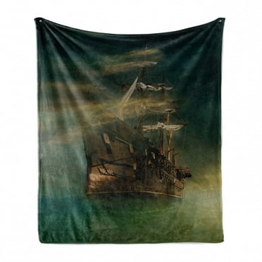 Fantasy Soft Flannel Fleece Throw Blanket, Phantasmagoric Old Ship Sailing on Calm SeMisty Weather Marine Theme, Cozy Plush for Indoor and Outdoor Use, 50" x 60", Green Brown Dark Blue, by Ambesonne