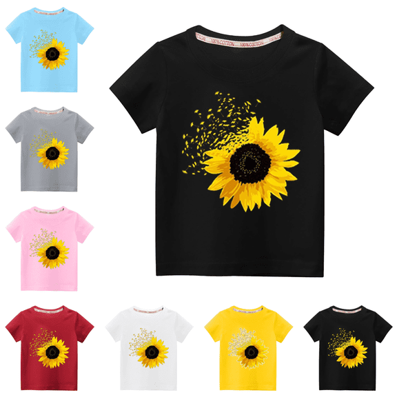 Mifsaly Girls Boys Graphic T-Shirts Kids Toddler Short Sleeve Summer Tops Floral Sunflower Print Casual Crewneck Pullover Blouses