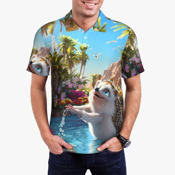 Fotbe Playful Hedgehog Forest Pond Camiseta Polo de Golf para Hombre con Estampado – Camisa Deportiva Transpirable con Cuello Abotonado-3X-Large