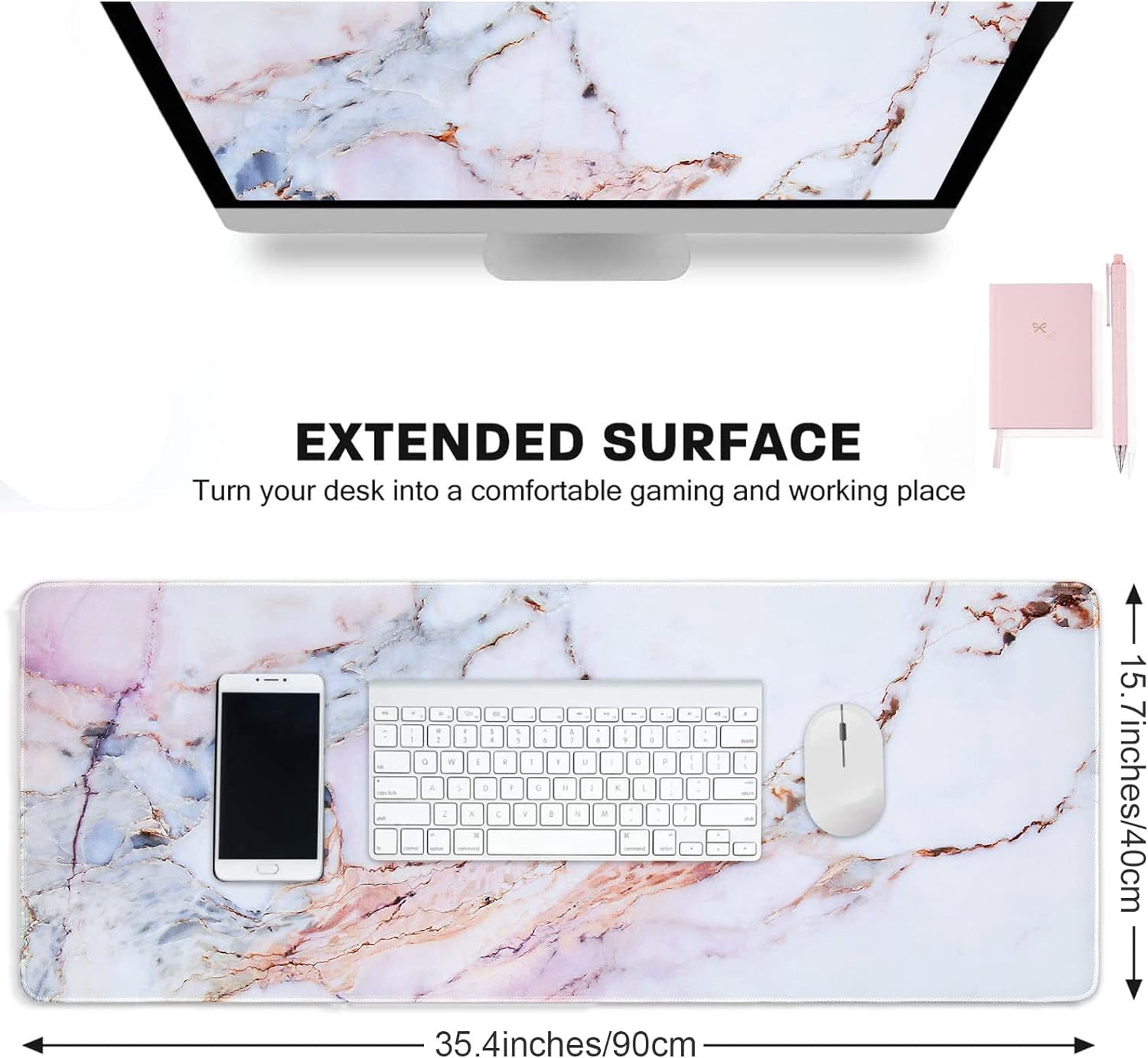 Desk Mat, Gaming Desk Mouse Pad Extra Large, XXL Laptop Full Mousepad Matt with Non Slip Base, Computer Desk Pad Mat, Keyboard Mat for Office Desktop Vanity Women, White Pink Colored Marble