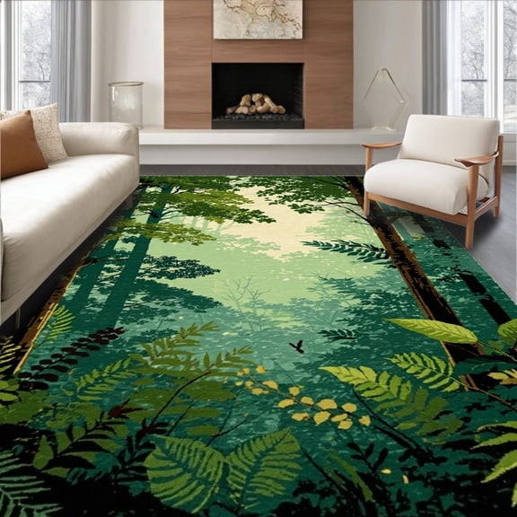 ODIKA 4'x6' Machine Washable Non-Slip Area Rug, Nature Embrace Vivid Woodland High Traffic Rug, Green, 86401