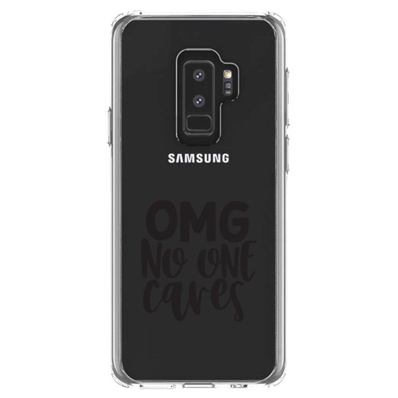 DistinctInk Clear Shockproof Hybrid Case for Samsung Galaxy S9  PLUS (6.2" Screen) - TPU Bumper Acrylic Back Tempered Glass Screen Protector - OMG No One Cares - Black