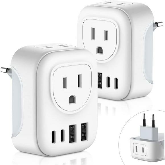 European Travel Plug Adapter, International Power Plug with 2 AC Outlets 4 USB Ports(2 USB C), Type C Travel Essentials Charger for Canada to Most of Europe EU Italy Spain France