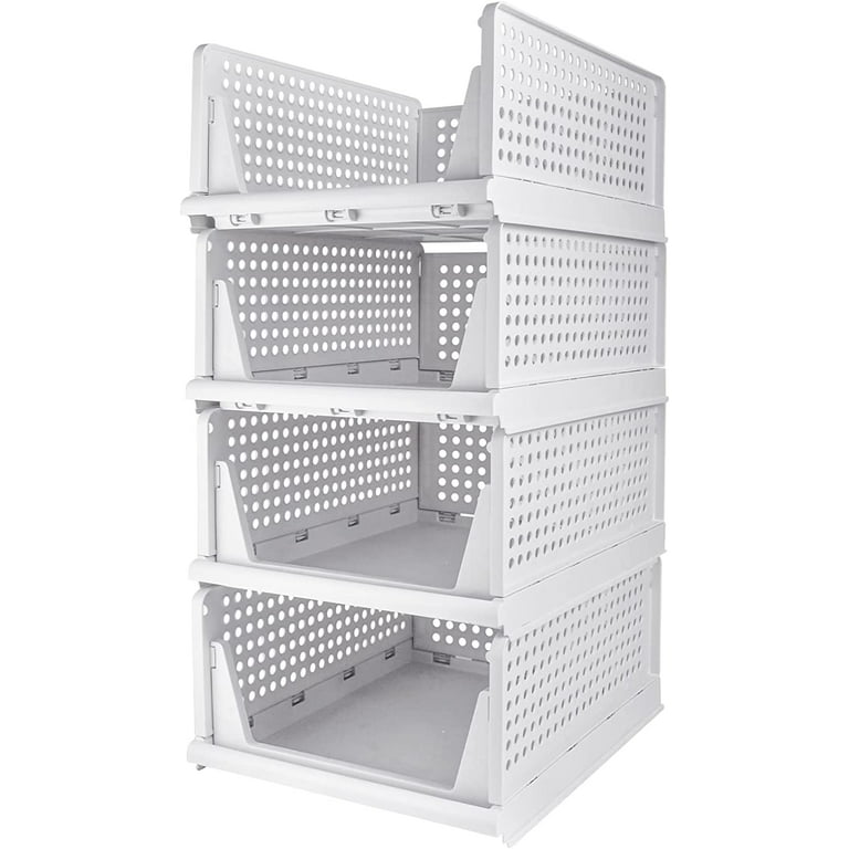 4 Pack Folding Closet Organizers Storage Box, Stackable Plastic 4Pack White
