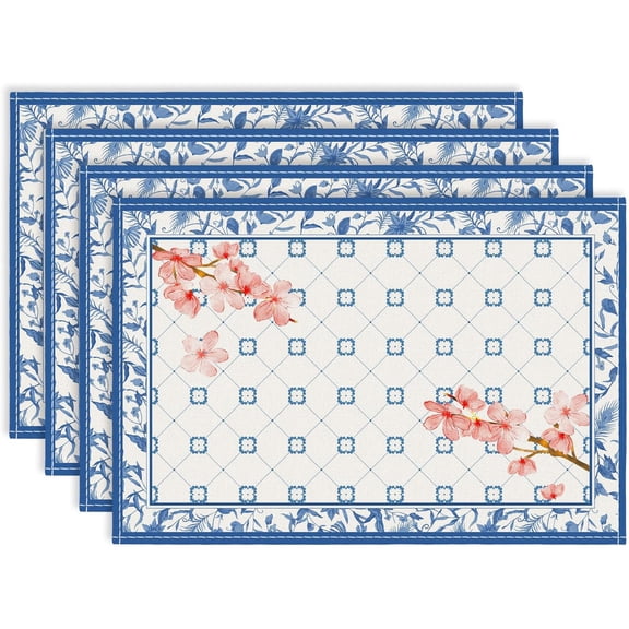 Blue Floral Branches Placemats Set of 4 ,12 x 18 Inch Chinoiserie Table Mats Washable Heat Resistant Linen Fabric Rectangle Place Mat for Indoor Outdoor Kitchen Dining Home Decor