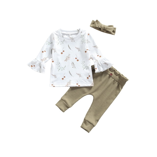 ITFABS 3 Tenues Décontractées pour Tout-Petits, Pull Col Rond à Manches Longues + Pantalon + Bandeau