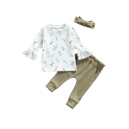 

Canrulo 3pcs Infant Baby Girls Clothes Flowers Printed Long Flare Sleeve Knit Tops Pants Headband Set White Green 0-6 Months