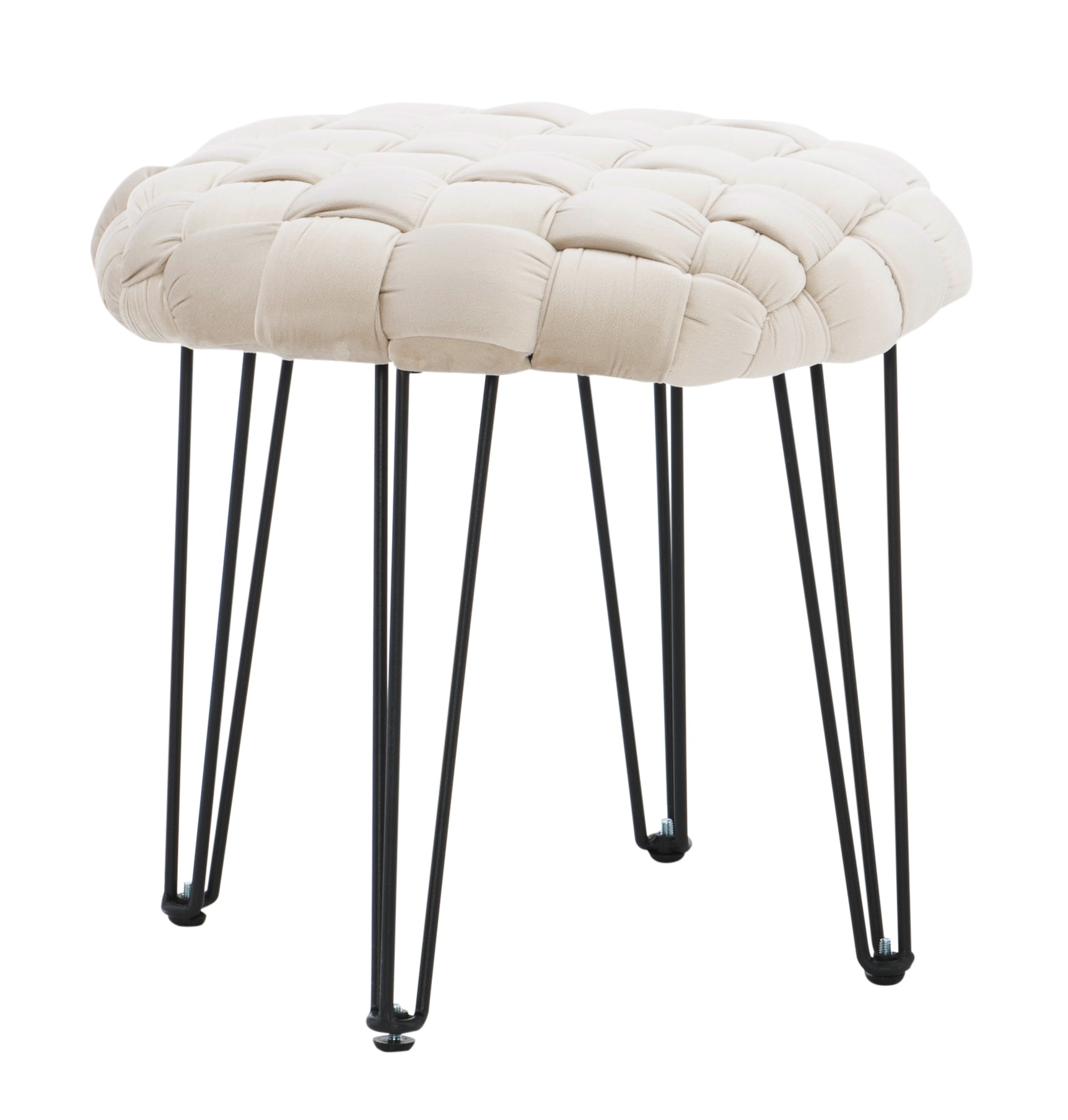 Powell Anya Round Handwoven Velvet Ottoman with Hairpin Legs, Cream