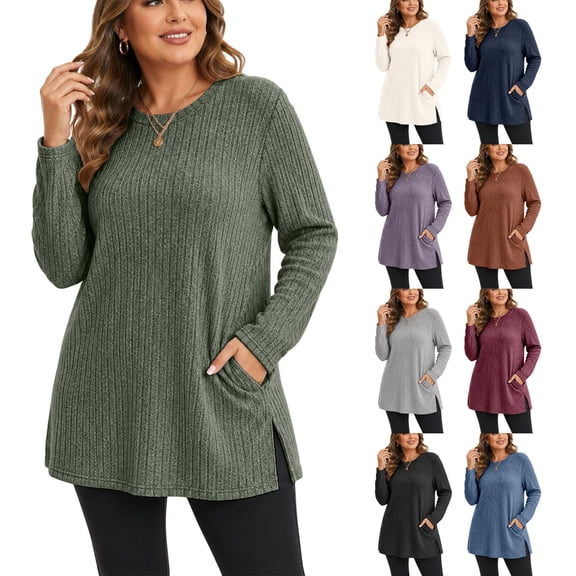 Plus Size Women's Tunic Tops Ribbed Knit Crewneck Long Sleeve Side Split Fall Soft Brushed Stretchy Relaxed Sweater XL-5XL